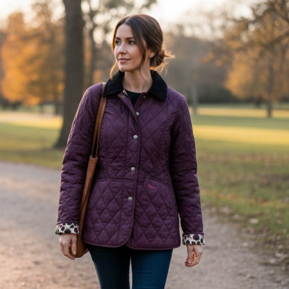 Barbour Purple Quilted Jacket with Country Cottage Prints Floral Accents